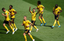 Soccer Football - World Cup - Group G - Belgium vs Tunisia - Spartak Stadium, Moscow, Russia - June 23, 2018 Belgium's Eden Hazard celebrates scoring their first goal from the penalty spot with team mates REUTERS/Kai Pfaffenbach