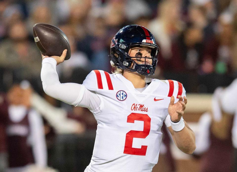 Ole Miss QB Jaxson Dart (2) throws against Mississippi State during the first half of the Egg Bowl at Davis Wade Stadium in Starkville, Miss., Thursday, Nov. 23, 2023.