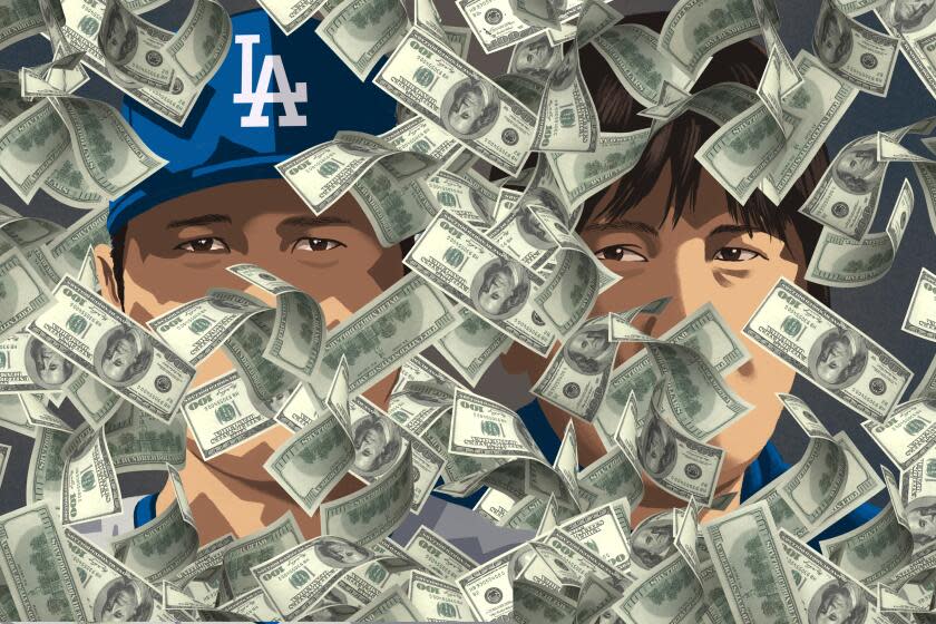 Illustration of Shohei Ohtani and his interpreter obscured by $100 dollar bills