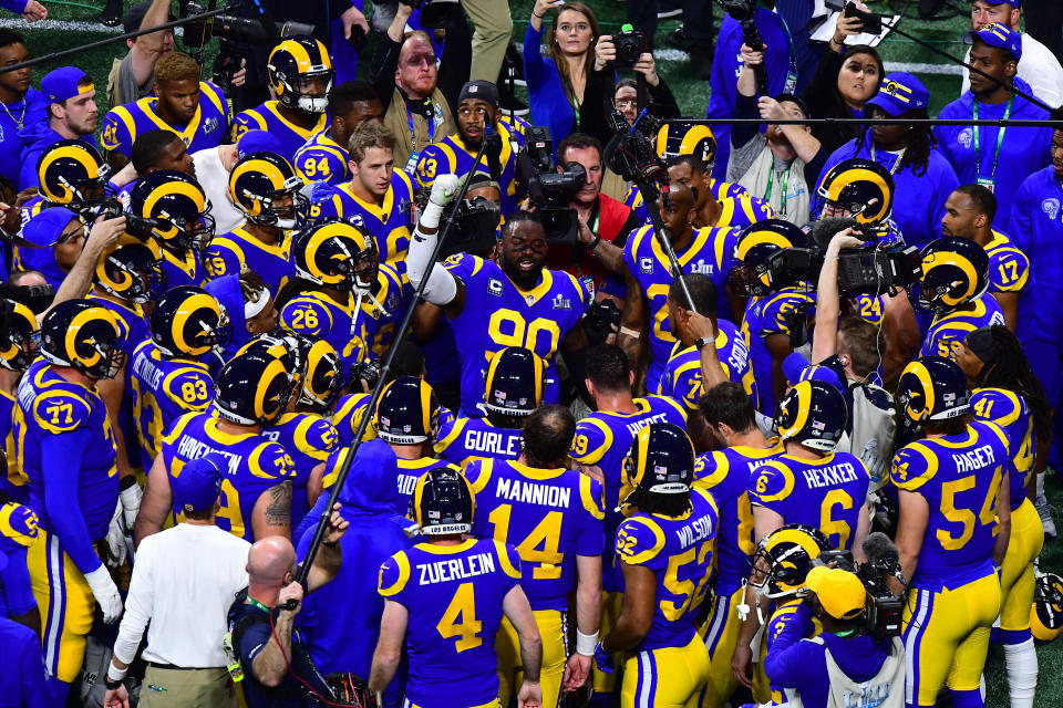 <p>Michael Brockers #90 of the Los Angeles Rams huddles with his team in the first quarter against the New England Patriots during Super Bowl LIII at Mercedes-Benz Stadium on February 03, 2019 in Atlanta, Georgia. (Photo by Scott Cunningham/Getty Images) </p>