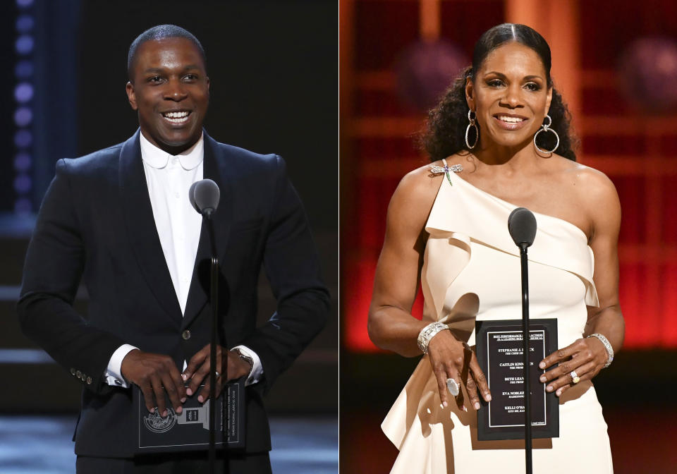 Leslie Odom Jr. presents an award at the 72nd annual Tony Awards in New York on June 10, 2018, left, and Audra McDonald presents an award at the 73rd annual Tony Awards in New York on June 9, 2019. Producers of the Tony Awards telecast announced Monday that McDonald will host the award ceremony on Sept. 26, followed by a two-hour celebration of Broadway's return, hosted by Odom. The bulk of the Tonys will only be accessible to Paramount+ customers while Odom's special, which will award the three top awards: best play, best play revival and best musical, will air on CBS. (AP Photo)