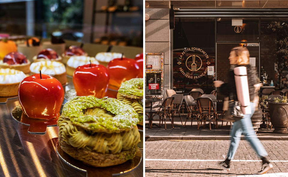 L: French patisserie goods including one that looks like a red apple. R: A passerby walks past the bakery