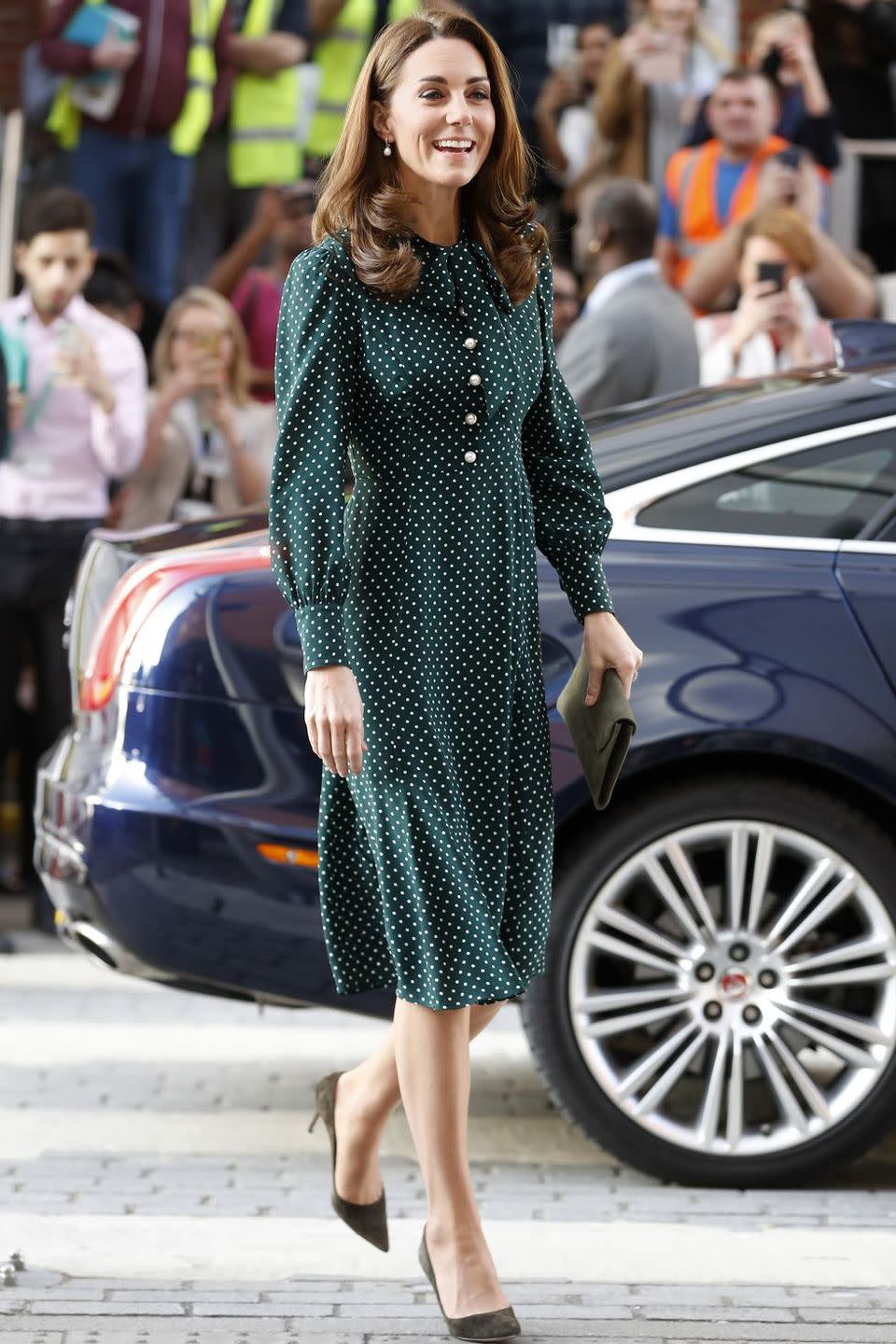 <p>Kate donned a polka dot dress with pearl buttons for <a href="https://www.harpersbazaar.com/celebrity/latest/a25468767/kate-middleton-green-polka-dot-dress/" rel="nofollow noopener" target="_blank" data-ylk="slk:a visit;elm:context_link;itc:0;sec:content-canvas" class="link ">a visit</a> to Evelina London Children's Hospital. <br></p>