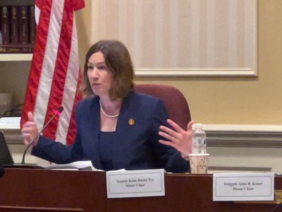 State Sen. Katie Fry Hester, D-Howard, speaks during a briefing on artificial intelligence in Annapolis, Maryland on June 21, 2023.