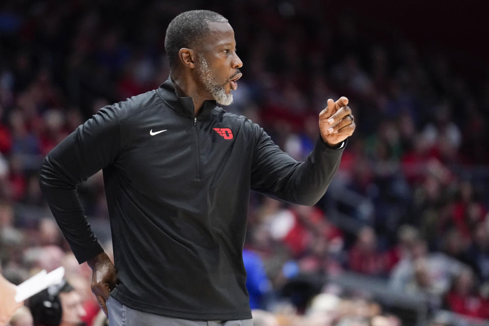 Dayton head coach Anthony Grant calls a play during the first half of an NCAA college basketball game against Robert Morris, Saturday, Nov. 19, 2022, in Dayton, Ohio. (AP Photo/Joshua A. Bickel)