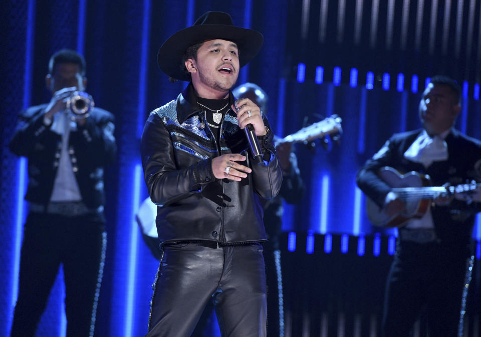 FILE - Christian Nodal performs at the Latin American Music Awards in Los Angeles on Oct. 17, 2019. Nodal will be recognized with the Extraordinary Evolution Award at the Latin AMAs on April 21, 2022. (Photo by Chris Pizzello/Invision/AP, File)