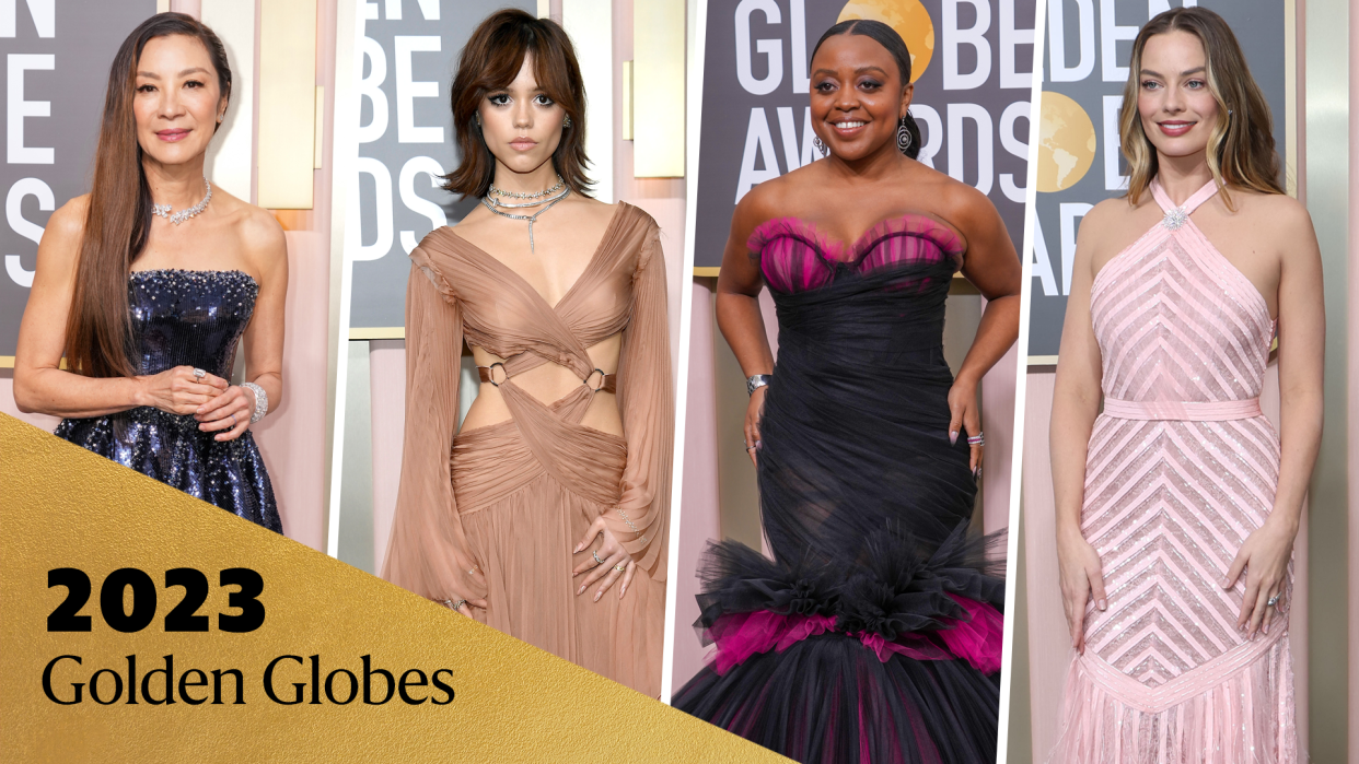 Michelle Yeoh, Jenna Ortega, Quinta Brunson and Margot Robbie hot the red carpet at the 2023 Golden Globes. (Photo: Getty Images)