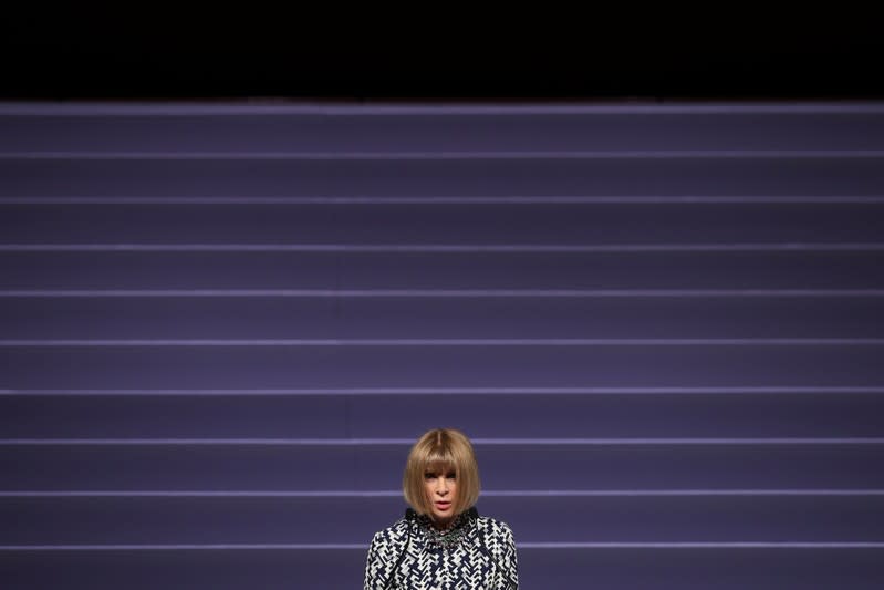 Editor-in-chief of Vogue Anna Wintour delivers a speech during the Vogue "Change Makers" event in Athens