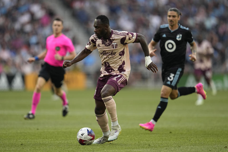 Portland Timbers forward Franck Boli controls the ball during the first half of the team's MLS soccer match against Minnesota United, Saturday, July 1, 2023, in St. Paul, Minn. (AP Photo/Abbie Parr)