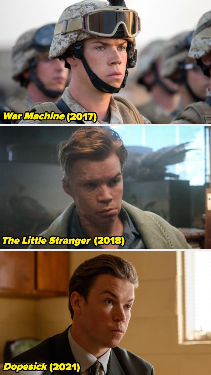 Stills of Will Poulter in "War Machine," "The Little Stranger," and "Dopesick."