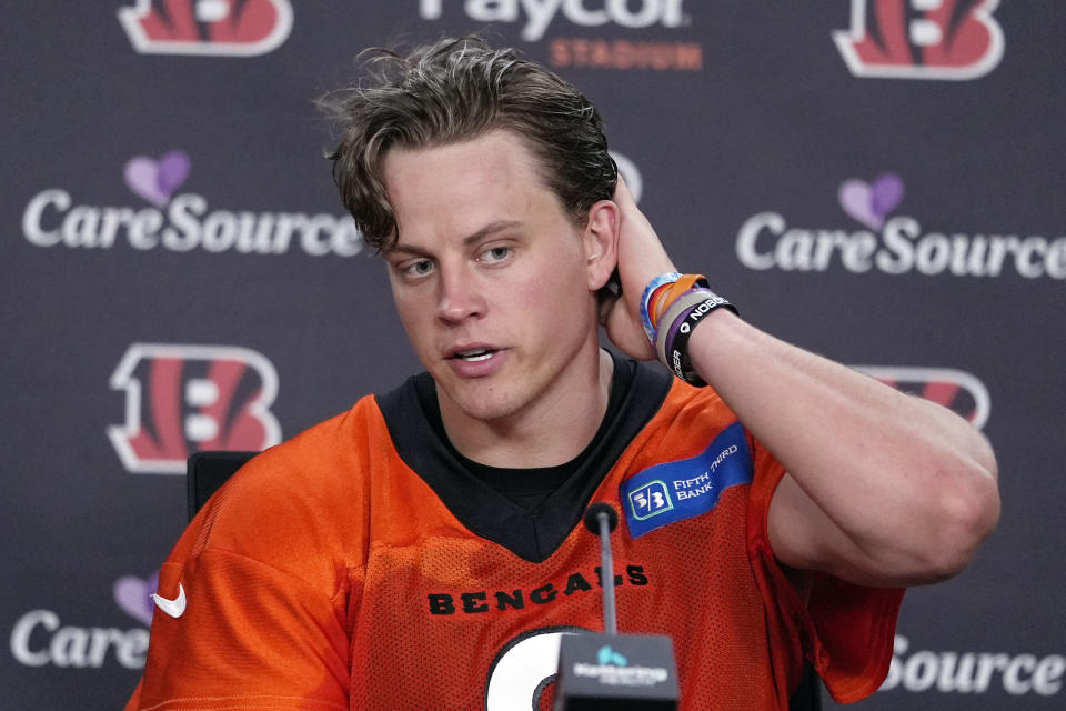 Cincinnati Bengals quarterback Joe Burrow speaks during a news conference following the NFL football team's practice, Tuesday, May 7, 2024, in Cincinnati. (AP Photo/Carolyn Kaster)