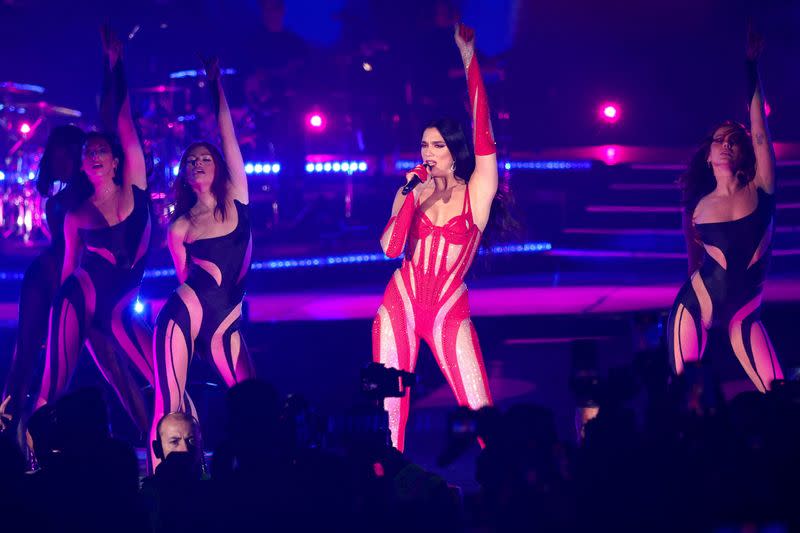 FILE PHOTO: British and Albanian singer Dua Lipa performs during her final show of the "Future Nostalgia" tour at Skanderbeg square in Tirana