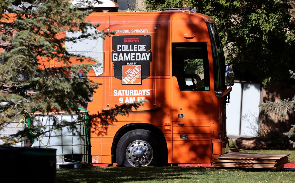 Crews set up for ESPN’s “College GameDay” show at the University of Utah in Salt Lake City on Thursday, Oct. 26, 2023. | Kristin Murphy, Deseret News