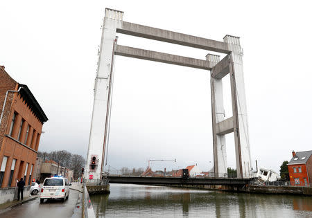 View of a Humbeek lift bridge, which was damaged when lowered onto a barge, blocking Brussels-Scheldt canal traffic, in Humbeek near Brussels, Belgium, January 17, 2019. REUTERS/Francois Lenoir