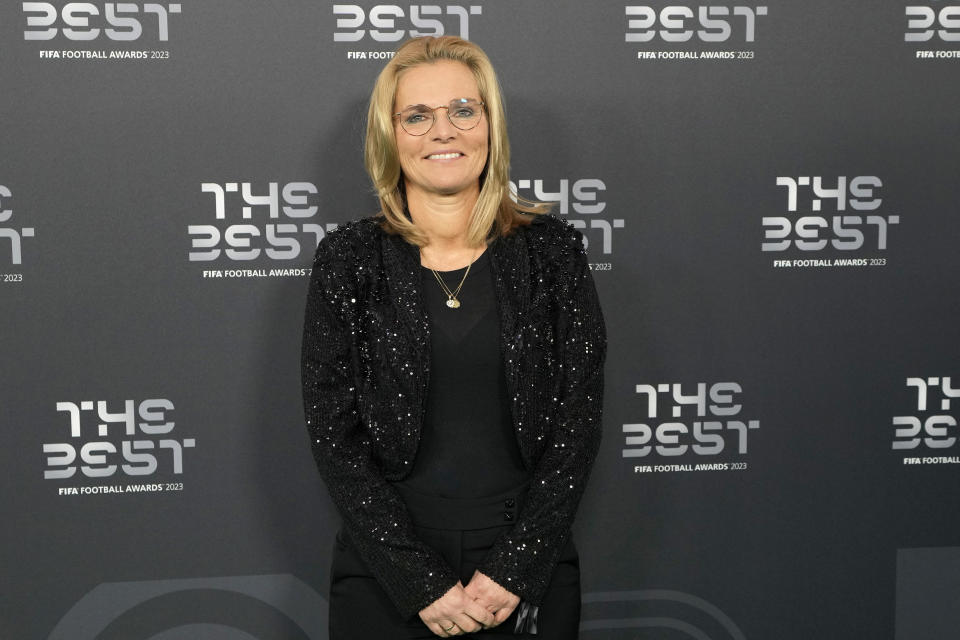 England's coach Sarina Wiegman arrives for the FIFA Football Awards 2023 at the Eventim Apollo in Hammersmith, London, Monday, Jan. 15, 2024. (AP Photo/Kirsty Wigglesworth)