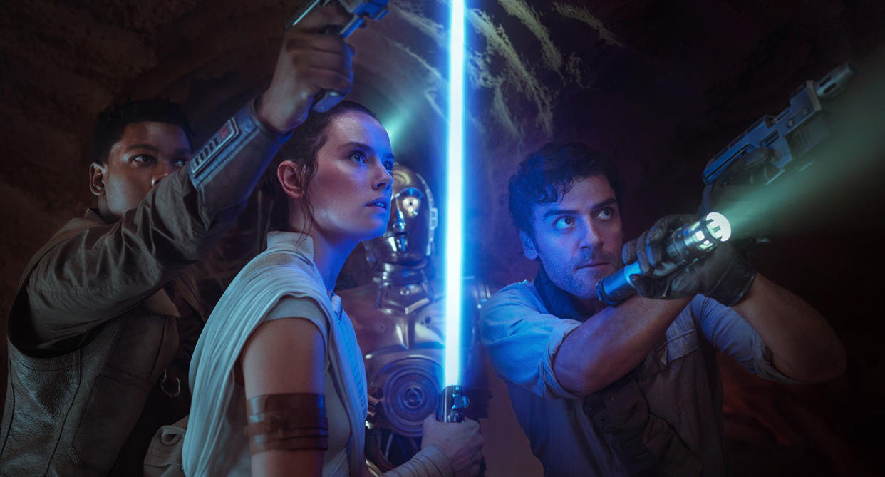 John Boyega is Finn, Daisy Ridley is Rey, Anthony Daniels is C-3PO and Oscar Isaac is Poe Dameron in this still from <i>Star Wars: The Rise of Skywalker</i>. (2019 Lucasfilm Ltd. & ™, All Rights Reserved.)