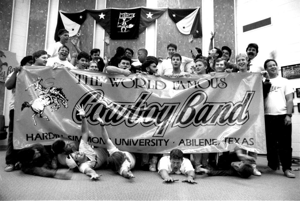 The Cowboy Band with their new banner in October 1991. Two years earlier, the band made a trip to Nice, France, to perform.