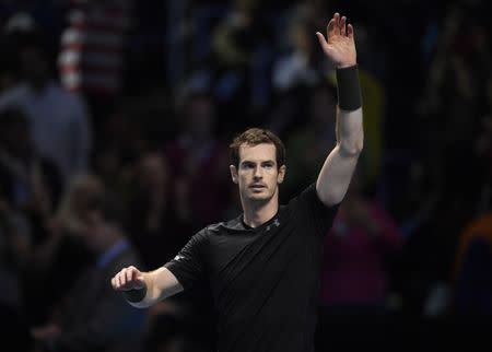 Andy Murray celebrates winning his round robin match against Switzerland's Stanislas Wawrinka. Barclays ATP World Tour Finals - O2 Arena, London - 18/11/16 Great Britain's. Action Images via Reuters / Tony O'Brien Livepic