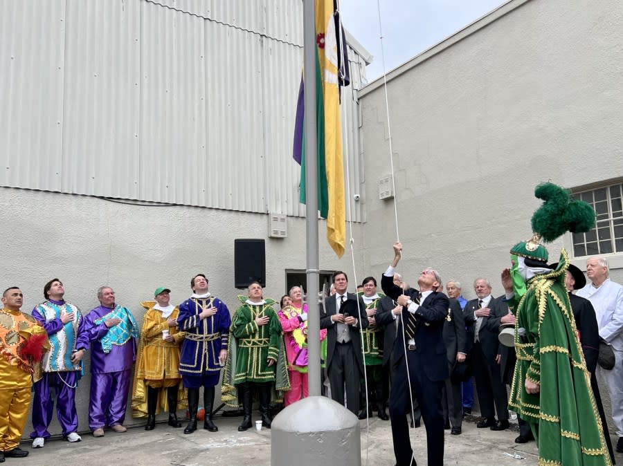 The Rex, King of Carnival flag raising ceremony on Mardi Gras Day, Tuesday, Feb. 13, 2024. (WGNO/Zach Labbe)