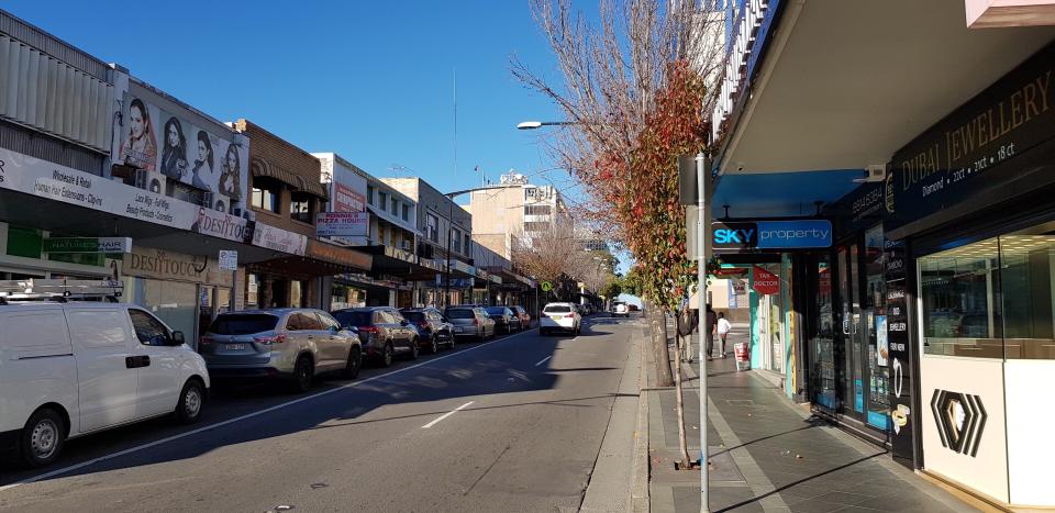Blacktown, New South Wales / Australia - July 20, 2019: Main Street Blacktown and surrounds, retail and commercial areas, with transport hub and Flushcombe Road