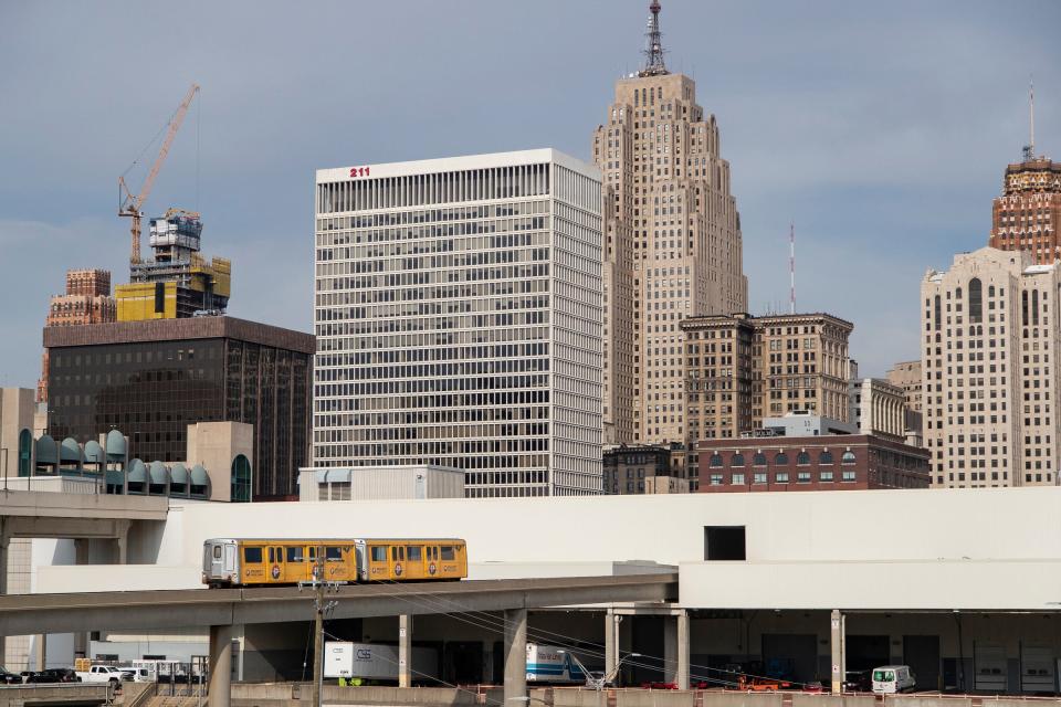 A Detroit People Mover leaves the Huntington Place and head towards West Riverfront station (formerly known as the Joe Louis Arena station) in downtown Detroit on Wednesday, Oct. 4, 2023.