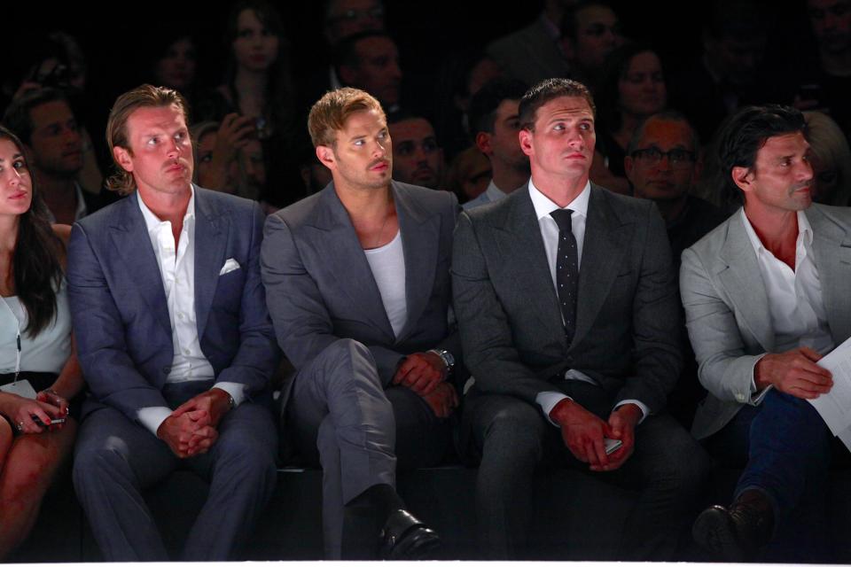 NEW YORK, NY - SEPTEMBER 05: (L-R) New York Rangers Brad Richards, Kellan Lutz, Olympic medalist swimmer Ryan Lochte and actor Frank Grillo attend the Joseph Abboud spring 2013 fashion show during Mercedes-Benz Fashion Week at the New York Public Library on September 5, 2012 in New York City. (Photo by Charles Eshelman/Getty Images for Mercedes-Benz Fashion Week)