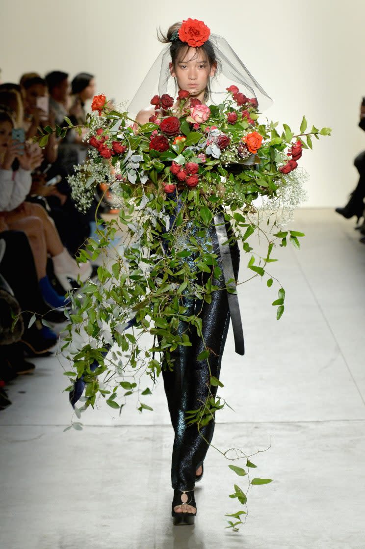 A model wears a shrubbery-shirt at Adam Selman’s fashion show on February 9, 2017 in NYC. (Photo: Getty Images)