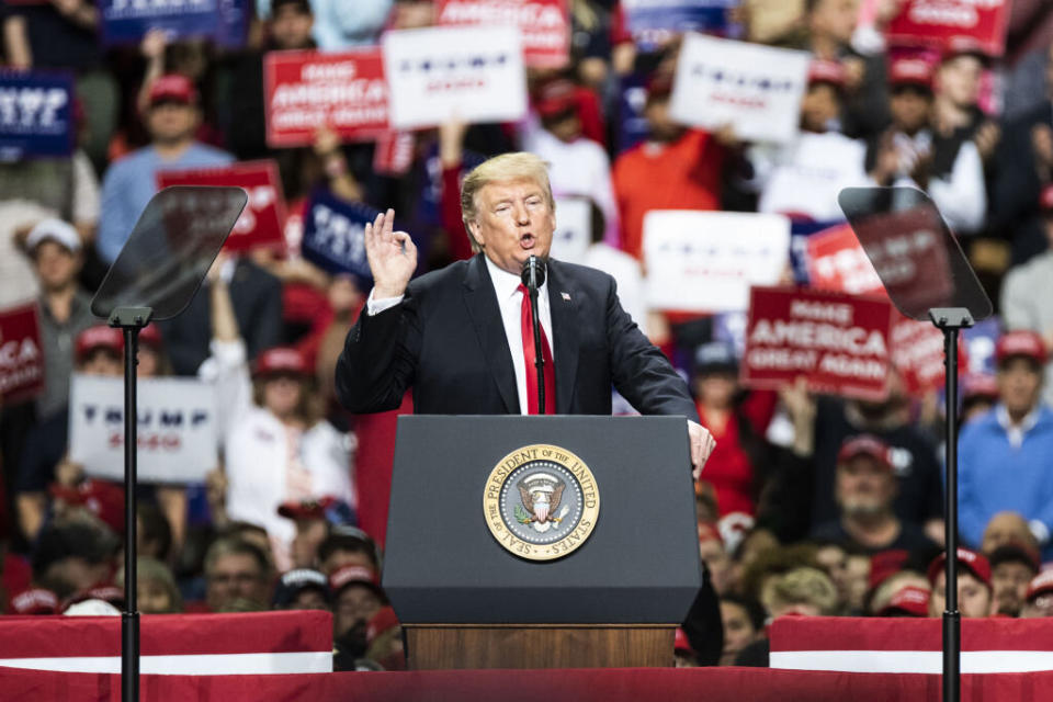 US president Donald Trump speaks during a rally in Green Bay, Wisconsin, on Saturday (Picture: Getty)