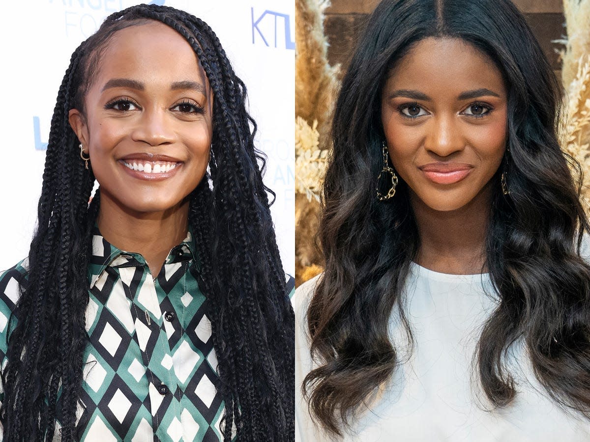 A side-by-side image of Rachel Lindsay, in a patterned blouse, and Charity Lawson, in a white blouse.