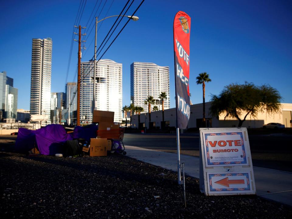 Voting signs are seen near the Las Vegas Strip during the midterm election in Las Vegas, Nevada.