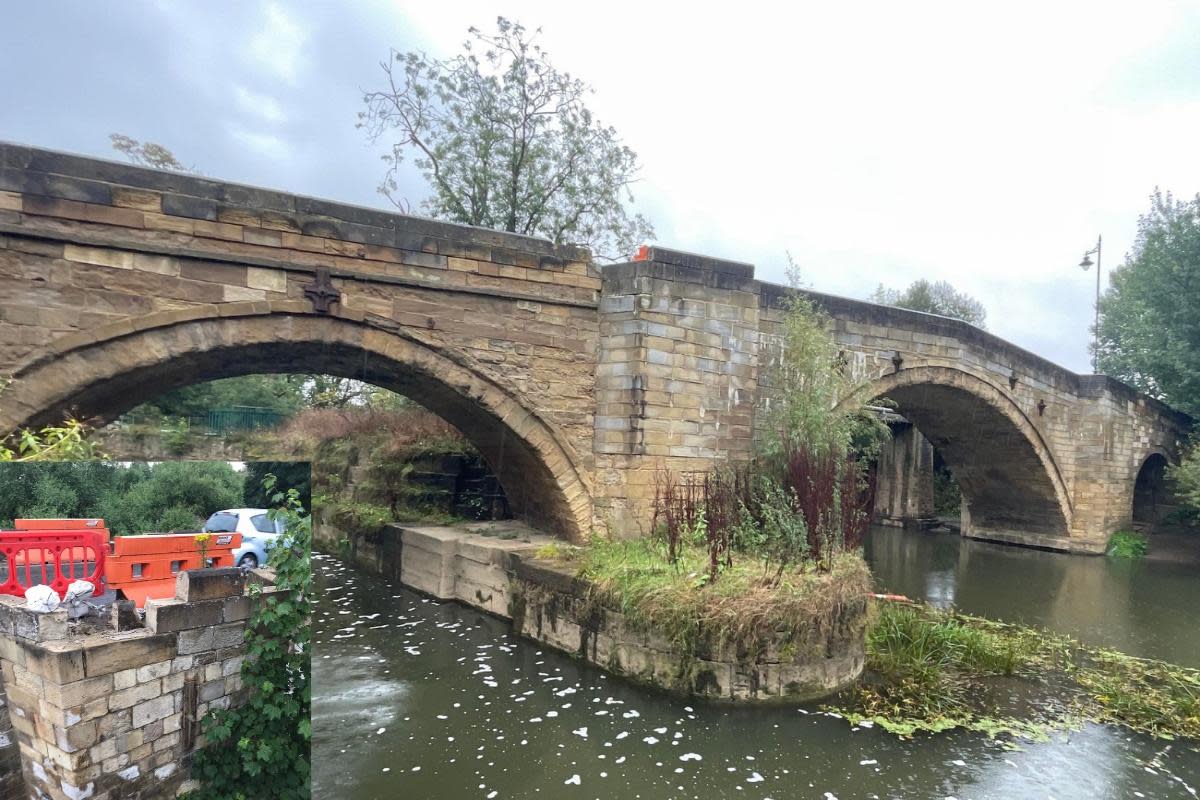 The 300-year-old stone bridge at Stamford bridge which is to be closed for repairs and, inset bottom left, a close-up of the damaged parapet <i>(Image: Esh Construction)</i>