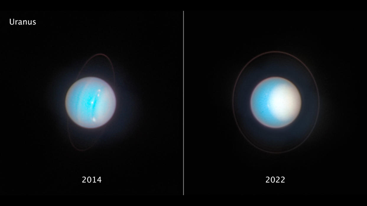 Uranus is growing a smoggy cap around its north pole, the Hubble Space Telescope reveals. 