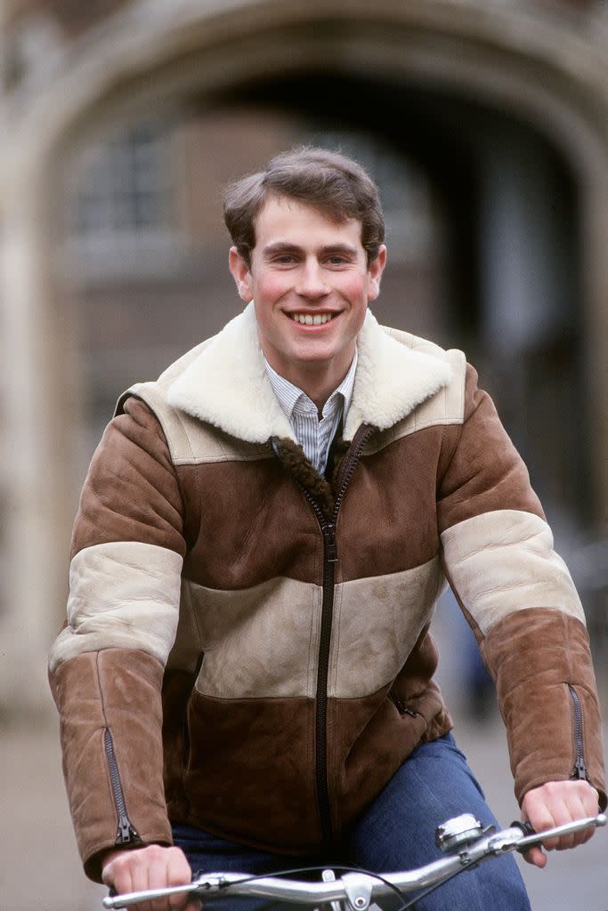 Prince Edward riding bicycle at Cambridge University