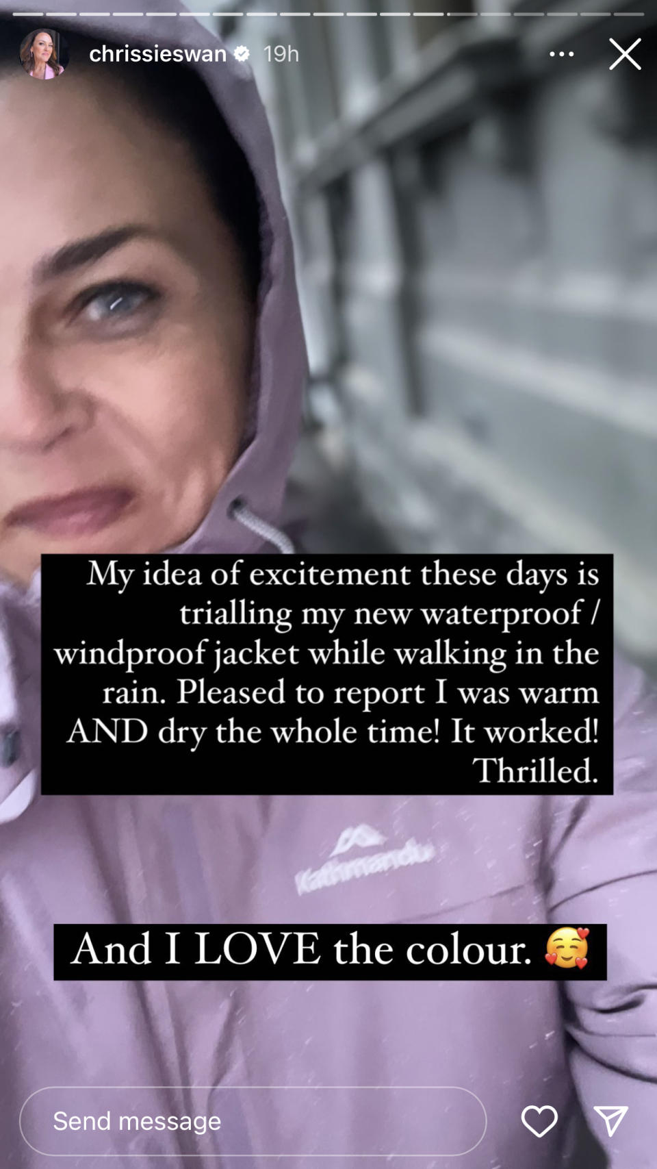 Chrissie Swan wearing mauve Kathmandu jacket in Instagram Story