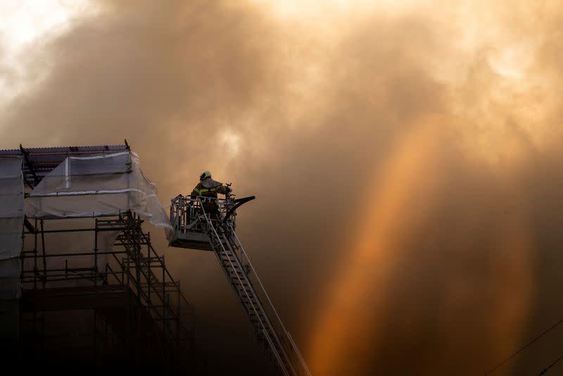 FILE PHOTO: Fire at the Old Stock Exchange, Boersen, in Copenhagen