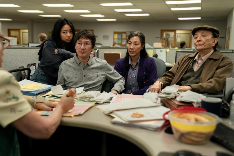 From left, Stephanie Hsu, Ke Huy Quan, Michelle Yeoh and James Hong in "Everything Everywhere All at Once." Hsu, Quan, Yeoh and co-star Jamie Lee Curtis all earned Oscar nominations for the film, which is also up for best picture.