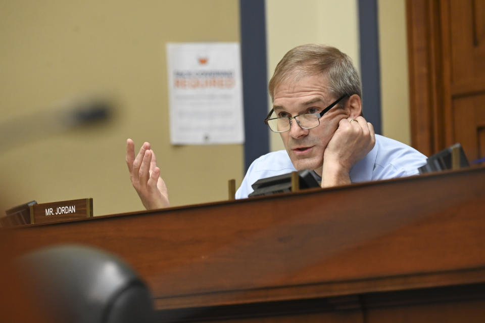 Representative Jim Jordan, a Republican from Ohio, speaks during a House Select Subcommittee on the Coronavirus Crisis hearing in Washington, D.C., U.S., on Friday, July 31, 2020. (Erin Scott/Bloomberg via Getty Images)