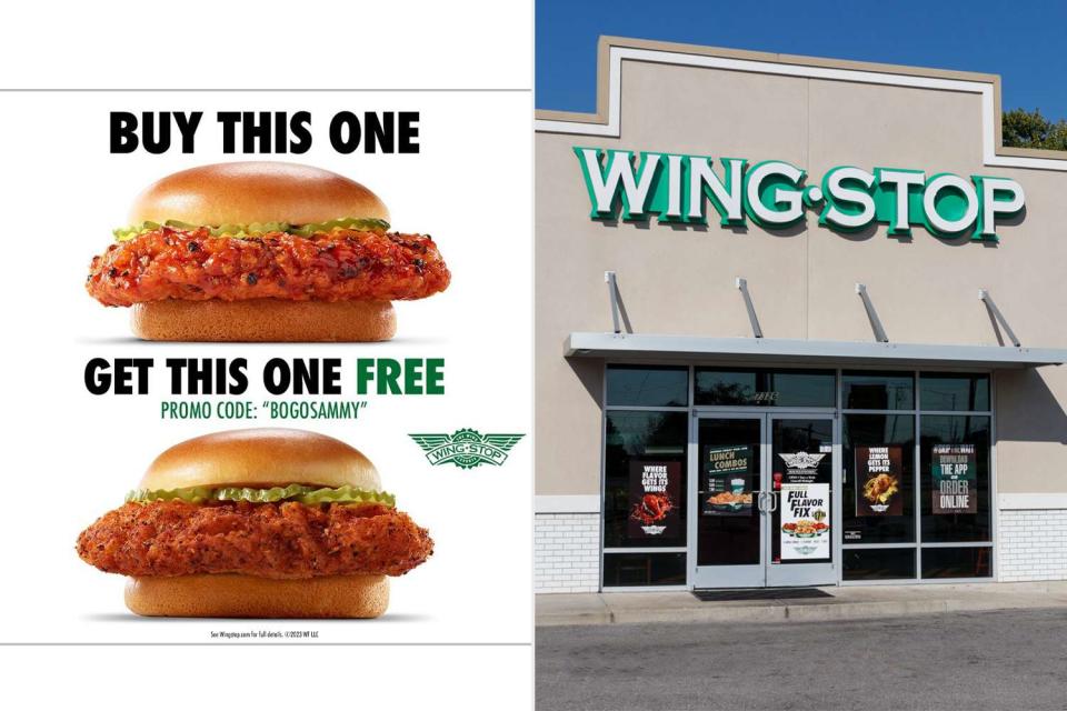 <p>Wingstop Restaurants Inc.; Getty</p> Wingstop offers a BOGO deal this weekend for "National Chicken Sandwich Day"