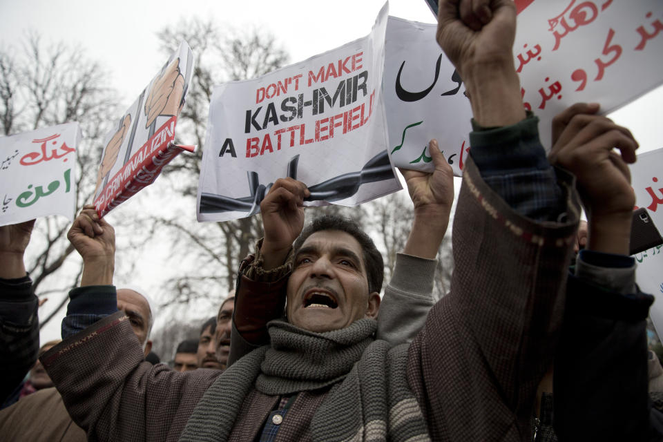 Kashmiri supporters of the Peoples Democratic Party (PDP) shout slogans against banning of Jama'at-e-Islami, the largest political and religious group in Indian-controlled Kashmir, during a protest in Srinagar, Indian controlled Kashmir, Saturday, March 2, 2019. India has banned the group in Kashmir in a sweeping and ongoing crackdown against activists seeking the end of Indian rule in the disputed region amid most serious confrontation between India and Pakistan in two decades. (AP Photo/ Dar Yasin)