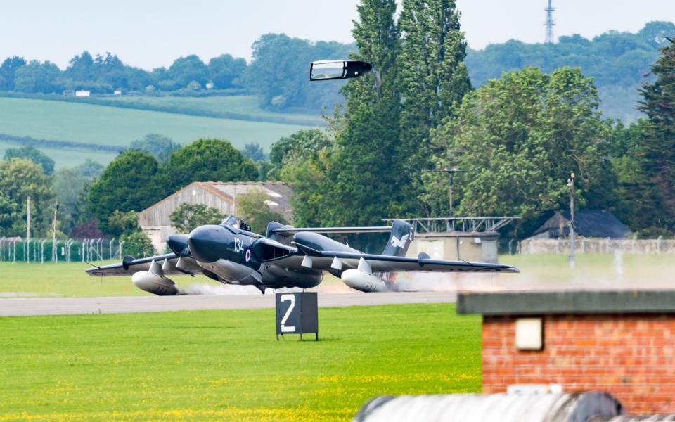 the last remaining Sea Vixen plane doing an emergency landing at Yeovilton air base in Somerset - Credit: Bav Media
