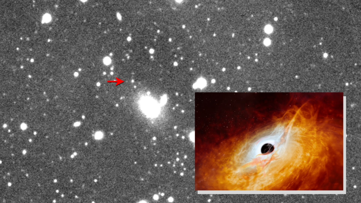  (Main) a view of the distant quasar SDSS J114816.64+525150.3 located 12.9 billion light-years away (inset) an illustration of a quasar. 