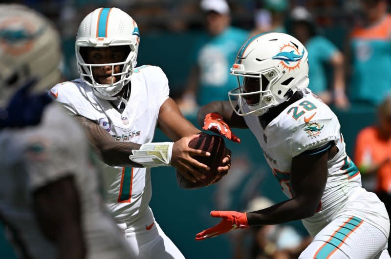 Miami Dolphins running back De'Von Achane (R) aggravated a knee injury during a win over the Las Vegas Raiders on Sunday in Miami Gardens, Fla. File Photo by Larry Marano/UPI