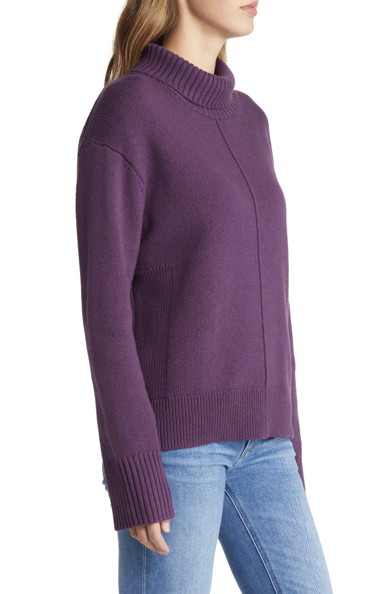 Nordstrom Boxy Cotton & Wool Funnel Neck Sweater in purple depth (Photo via Nordstrom)