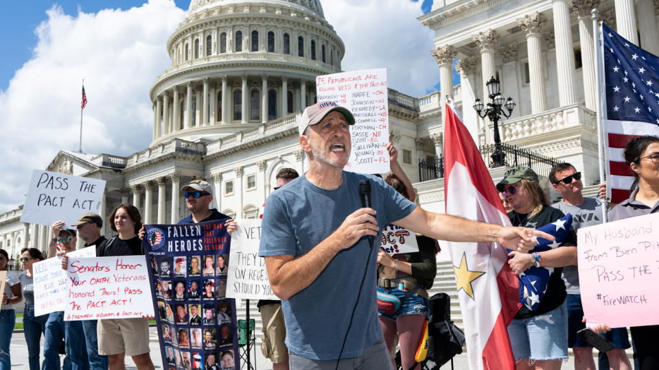 Comedian and activist Jon Stewart speaks during a rally to call on the Senate to pass the Pact Act on Monday, August 1, 2022. (Bill Clark/CQ-Roll Call, Inc via Getty Images)