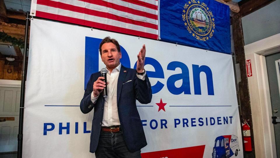 PHOTO: Democratic presidential hopeful US Representative Dean Phillips speaks during a campaign event in Peterborough, New Hampshire, Jan. 17, 2024.  (Joseph Prezioso/AFP via Getty Images)