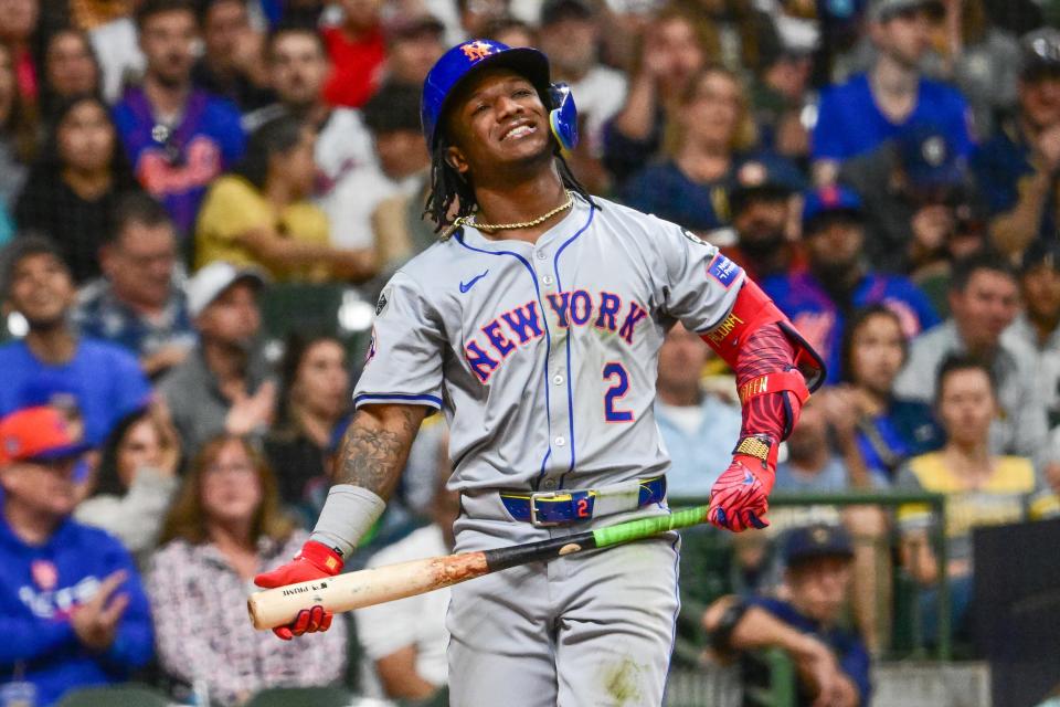 New York Mets shortstop Luisangel Acuna (2) reacts after striking out in the third inning against the Milwaukee Brewers on Sept. 28, 2024, at American Family Field.