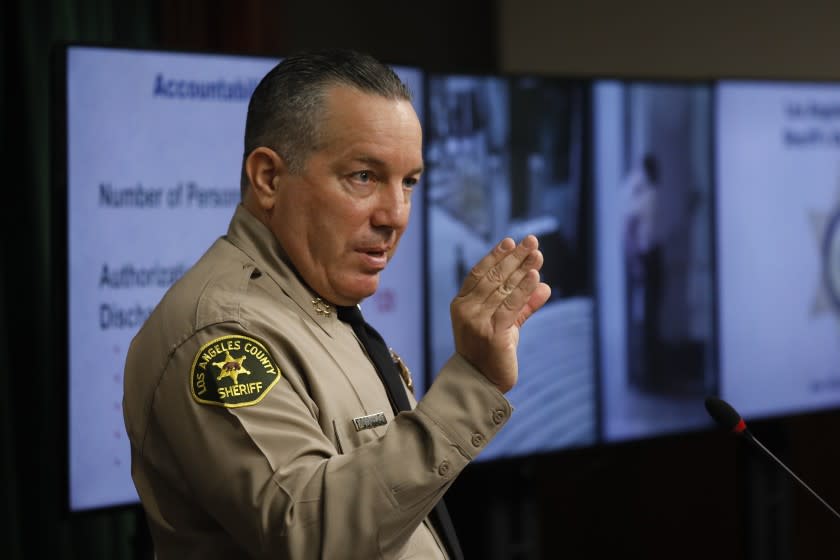 LOS ANGELES, CA - SEPTEMBER 22: Sheriff Alex Villanueva addressed a news conference to respond to a recent RAND report saying gang-like cliques still exist within the sheriff's department, with some deputies reporting they've been asked to join the groups within the past five years. Hall of Justice on Wednesday, Sept. 22, 2021 in Los Angeles, CA. (Al Seib / Los Angeles Times).