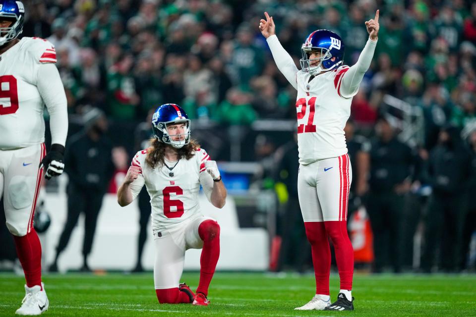 New York Giants kicker Mason Crosby celebrates after a field goal against the Philadelphia Eagles during the first half of an NFL game Monday, Dec. 25, 2023, in Philadelphia.