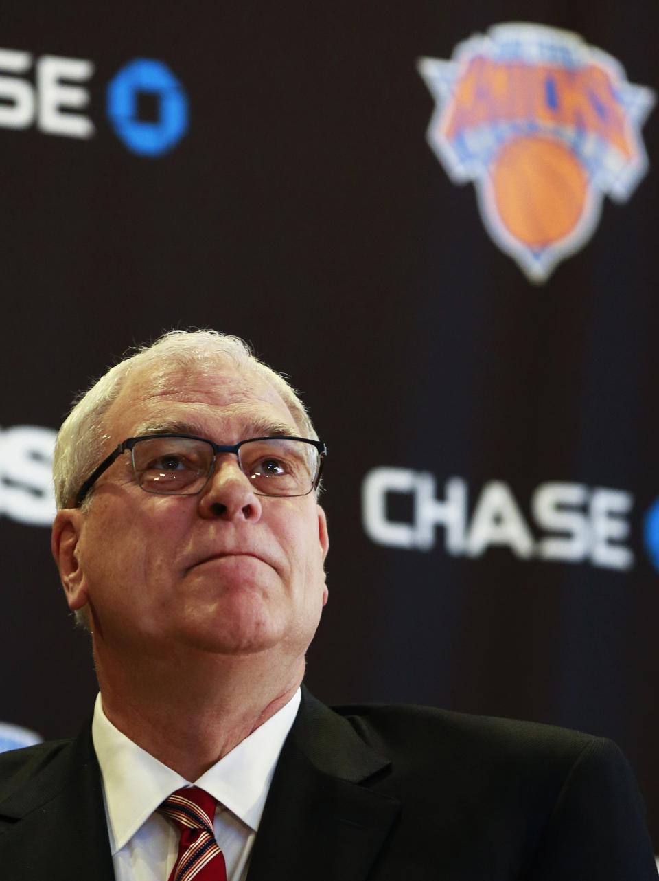 Jackson looks on during a news conference announcing him as the team president of the New York Knicks basketball team at Madison Square Garden in New York
