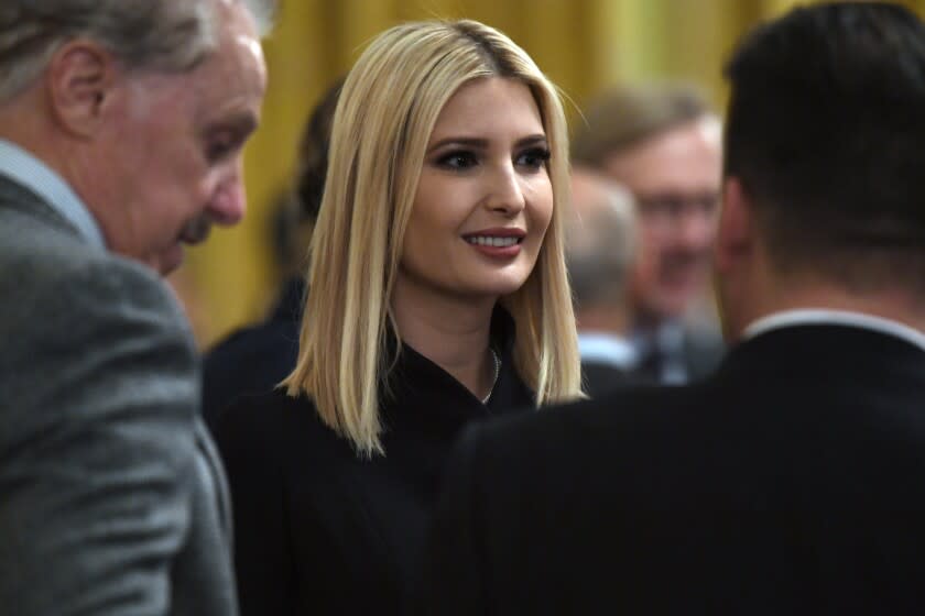 White House senior adviser Ivanka Trump, center, arrives at an event with President Donald Trump and Israeli Prime Minister Benjamin Netanyahu in the East Room of the White House in Washington, Tuesday, Jan. 28, 2020. (AP Photo/Susan Walsh)